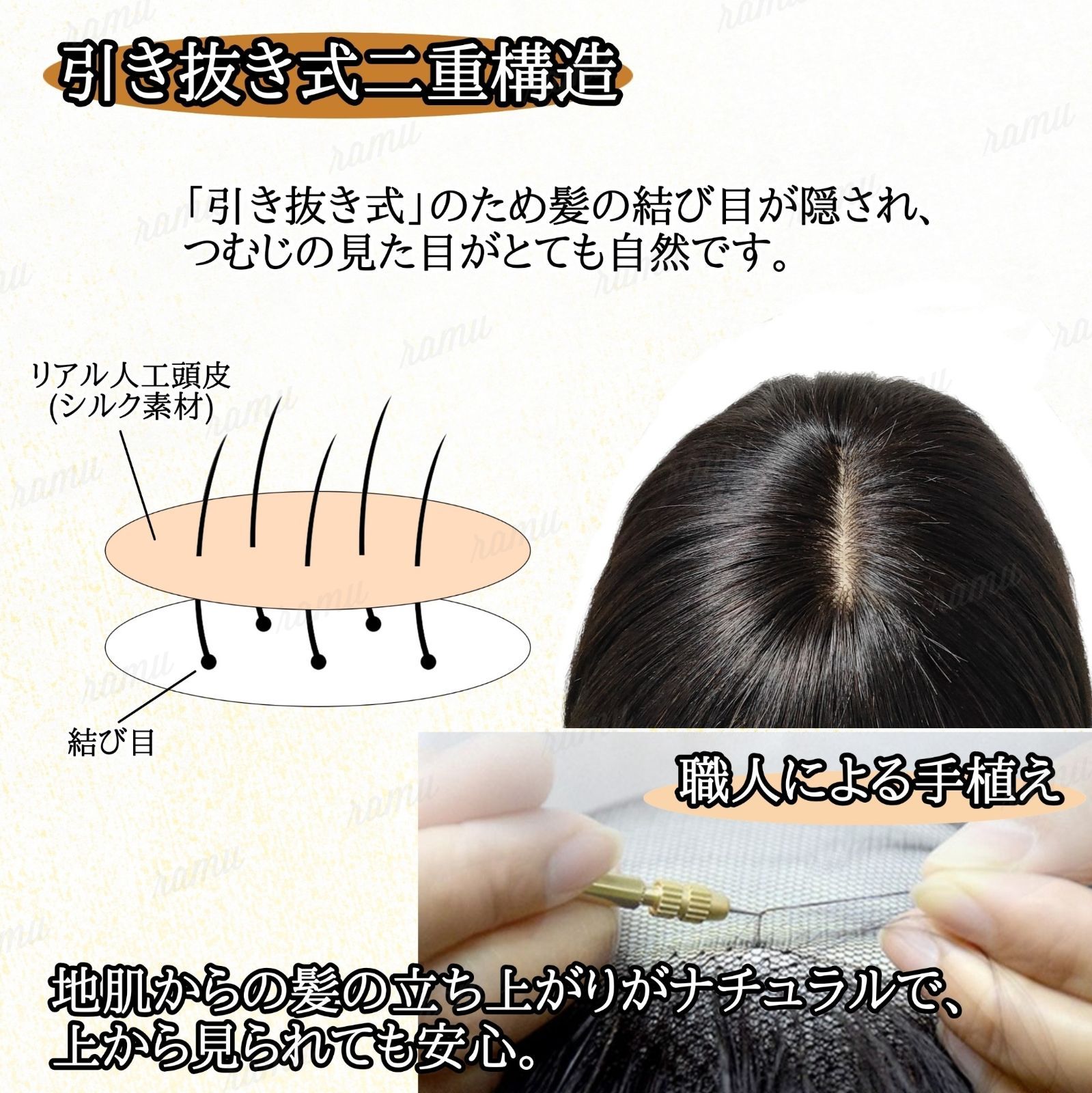 【新品】高級人毛100% ヘアピース ナチュラルブラック④-35cm 【新品】高級人毛100% ヘアピース ナチュラルブラック④-35cm