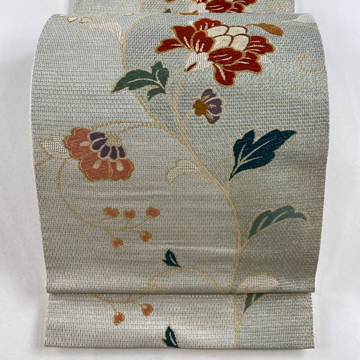 袋帯　六通　正絹　薄青色　くすみグリーン　花　蔓　全長435幅30.5 袋帯 麗鳳華飾 花鳳凰文様 薄緑色 金糸 六通柄 正絹 フォーマル