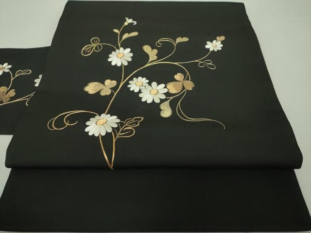 平和屋着物●塩瀬 九寸名古屋帯 総刺繍 花唐草文 黒地 金糸 DAAS3546ps