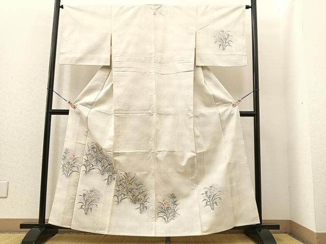 平和屋着物▽訪問着 単衣 紬地 草花文 正絹 逸品 BAAS1962wb