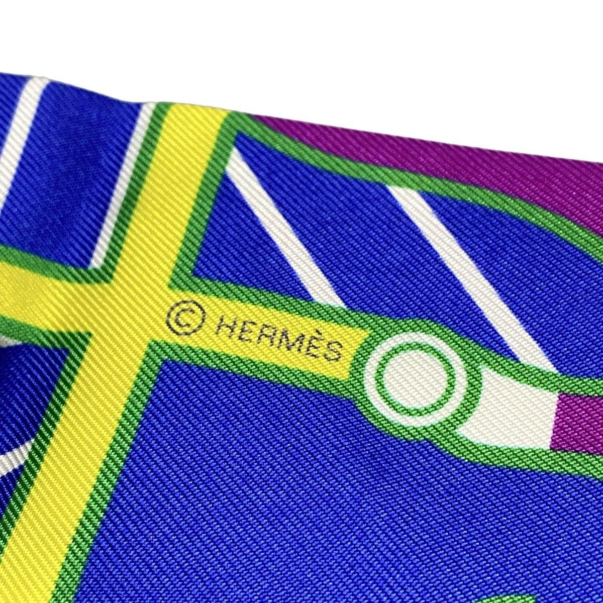 エルメス HERMES ツイリー フューシャ×ブルー×ジョーヌ リボンスカーフ  