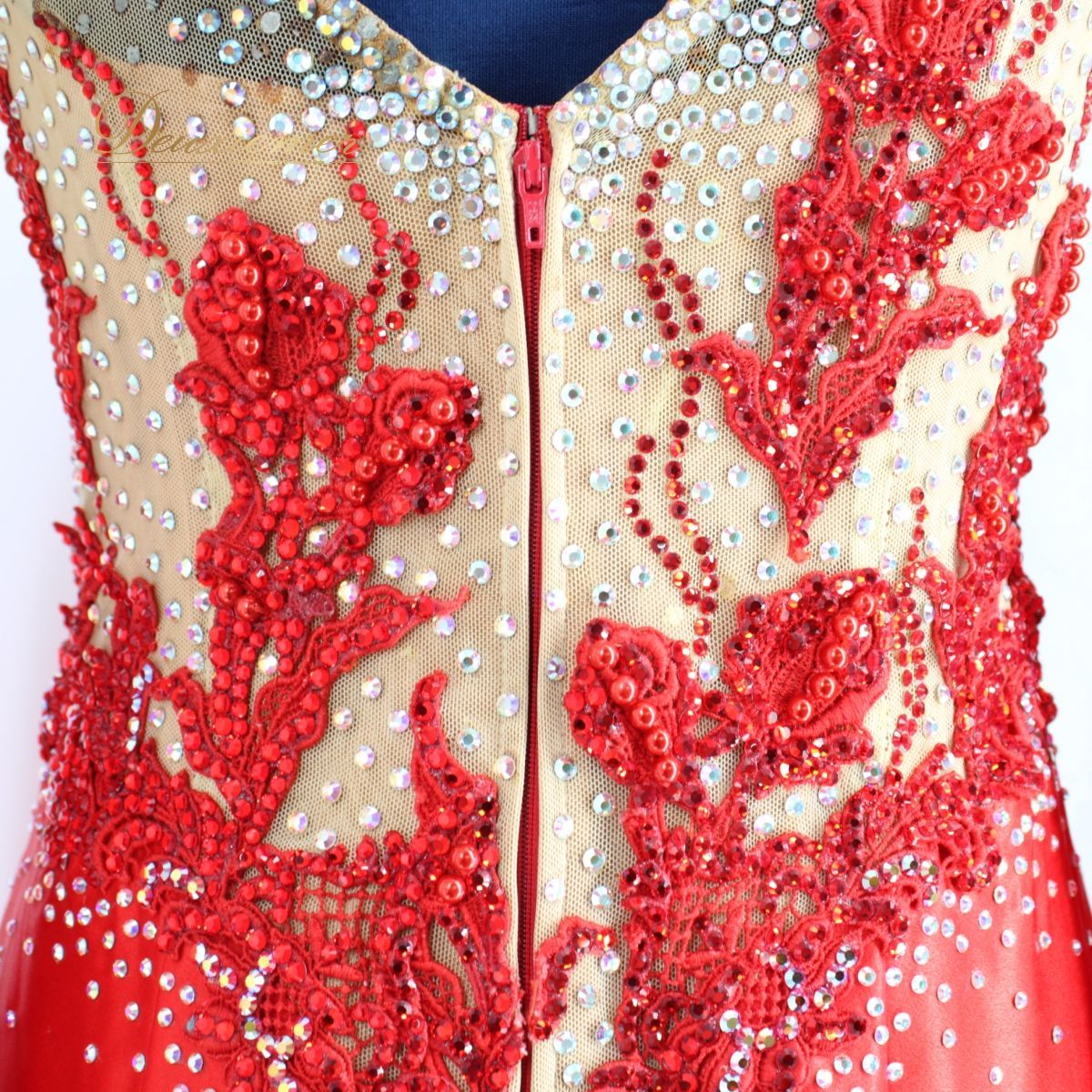 【美品 社交ダンス衣装】レッド ワンピース ドレス ラインストーン レース 袖 社交ダンス衣装】レッド ワンピース ドレス 赤 レース 光沢 デモ 競技