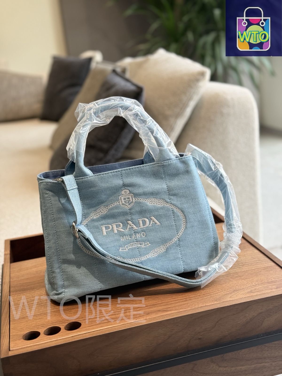 PRADA プラダ　2WAY トートバッグ　デニム　ポーチ、カード付 PRADA プラダ カナパミニ 2WAY トートバッグ デニム レディース