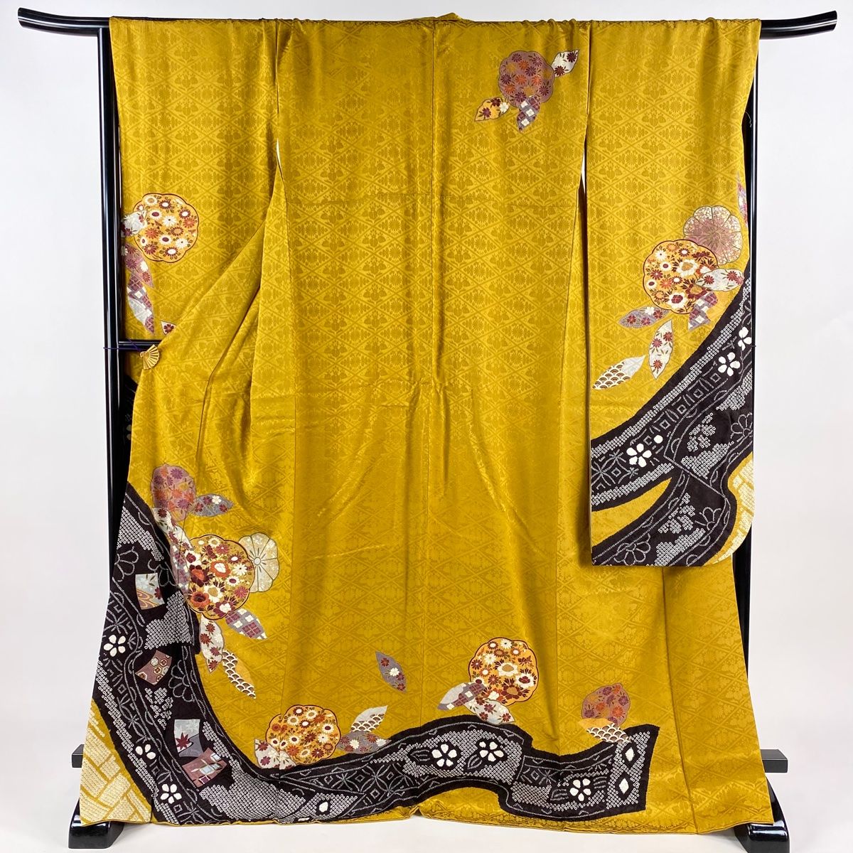 振袖 身丈171cm 裄丈68.5cm L 袷 草花 色紙 金糸 絞り 山吹茶色 正絹 名品