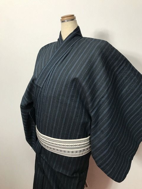 Lサイズ 男物 混紡 浴衣 しじら織り濃紺地に縞文様
