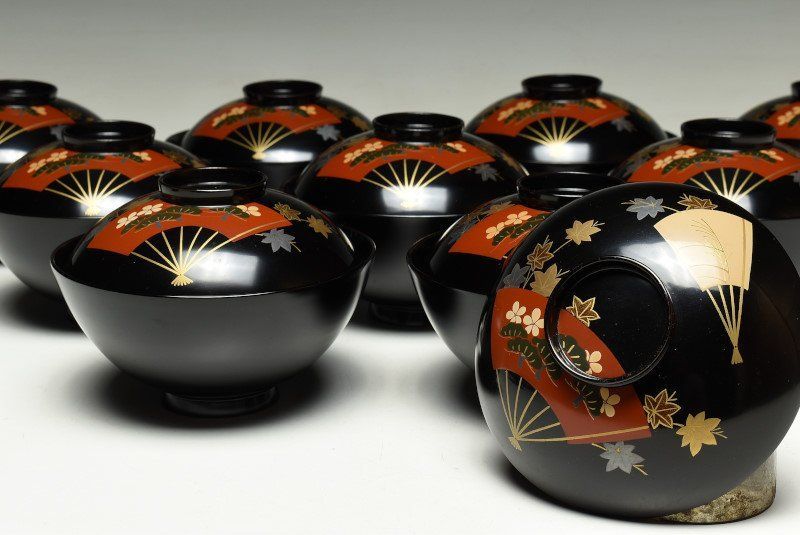 蔵A2005b 木製黒塗 扇子紅葉松文見返蒔絵 吸物椀 汁椀 十客