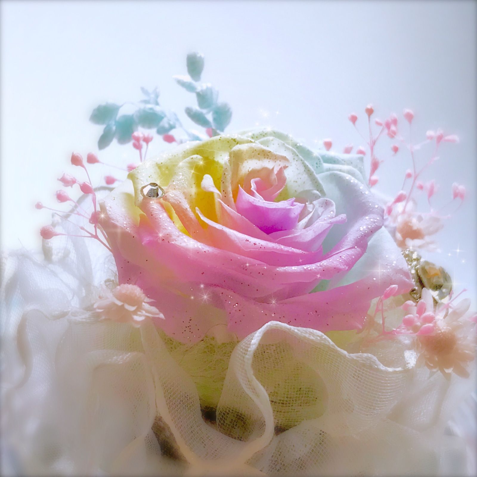 高級プリザーブドフラワーパステルレインボーローズ りんごガラスドーム