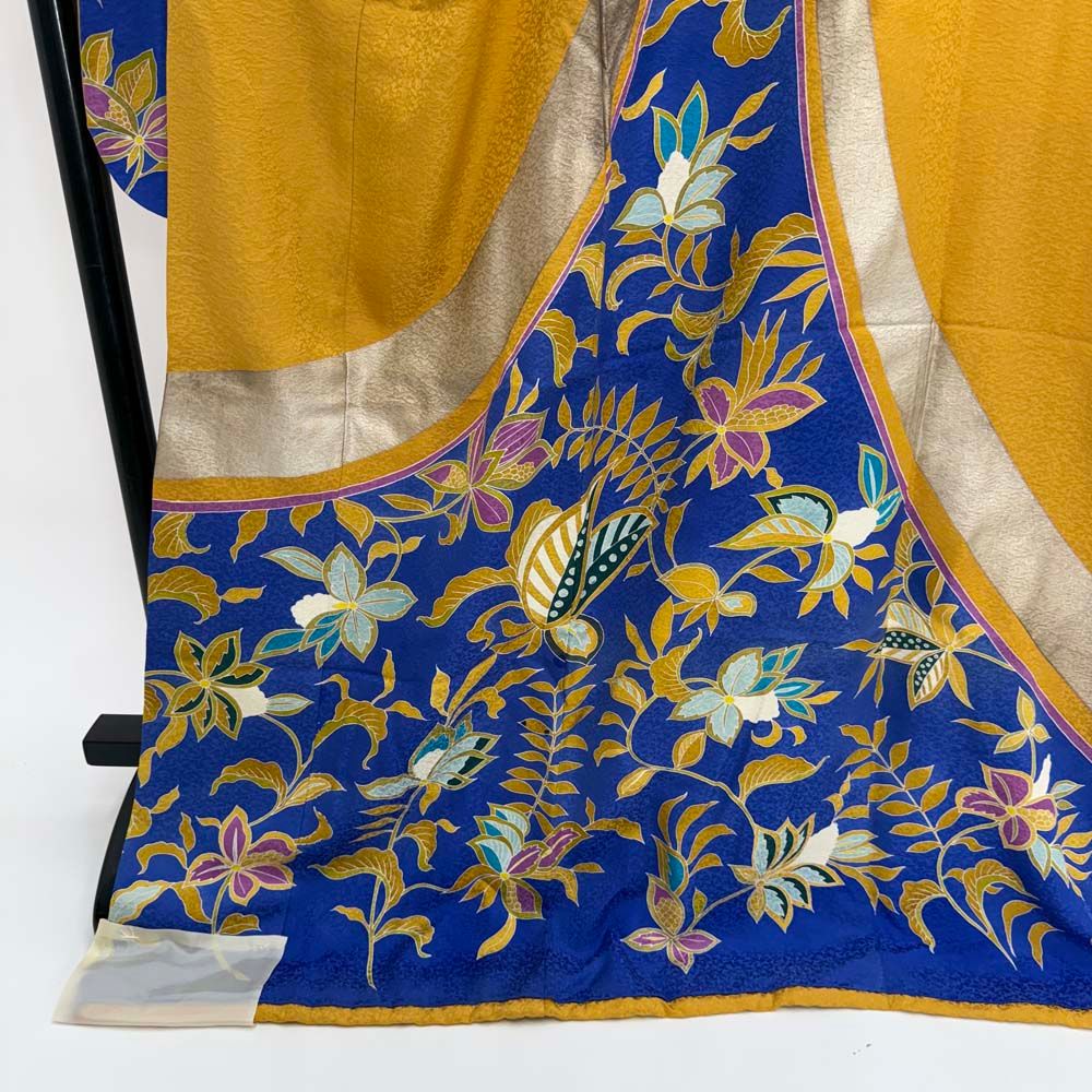 大振袖　お引きずり　青　花柄 本振袖 引き振袖 正絹 青 花柄 古典 刺繍 結婚式 裄64.5cm B