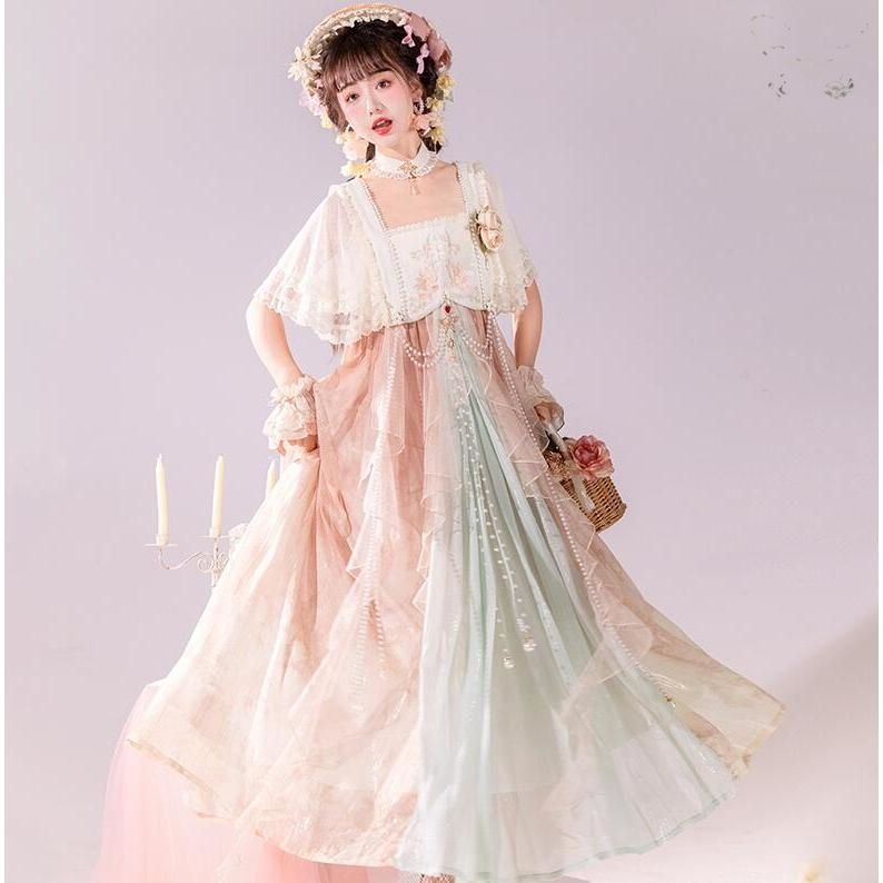 漢風 ロリータワンピース ロング丈 ロリータ福 ゴージャス レース 羽織 ボレロ 真珠付き キャミソールドレス 重ね重ね 改良版漢服 ド