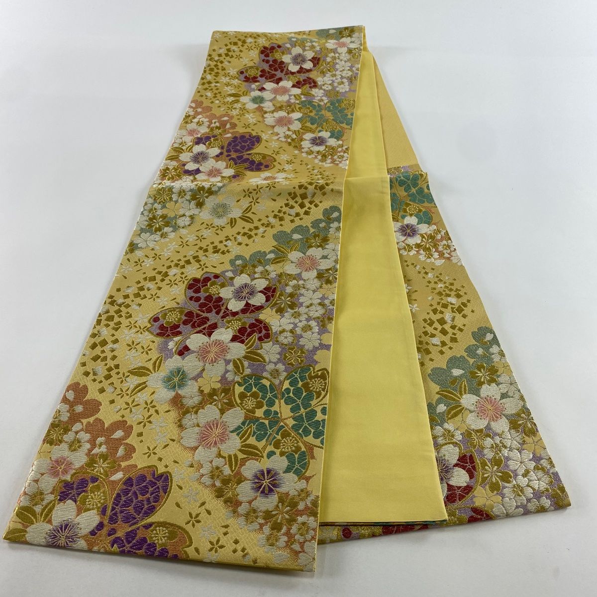 袋帯 美品 秀品 振袖向き 桜 金糸 箔 山吹色 六通 正絹 【中古