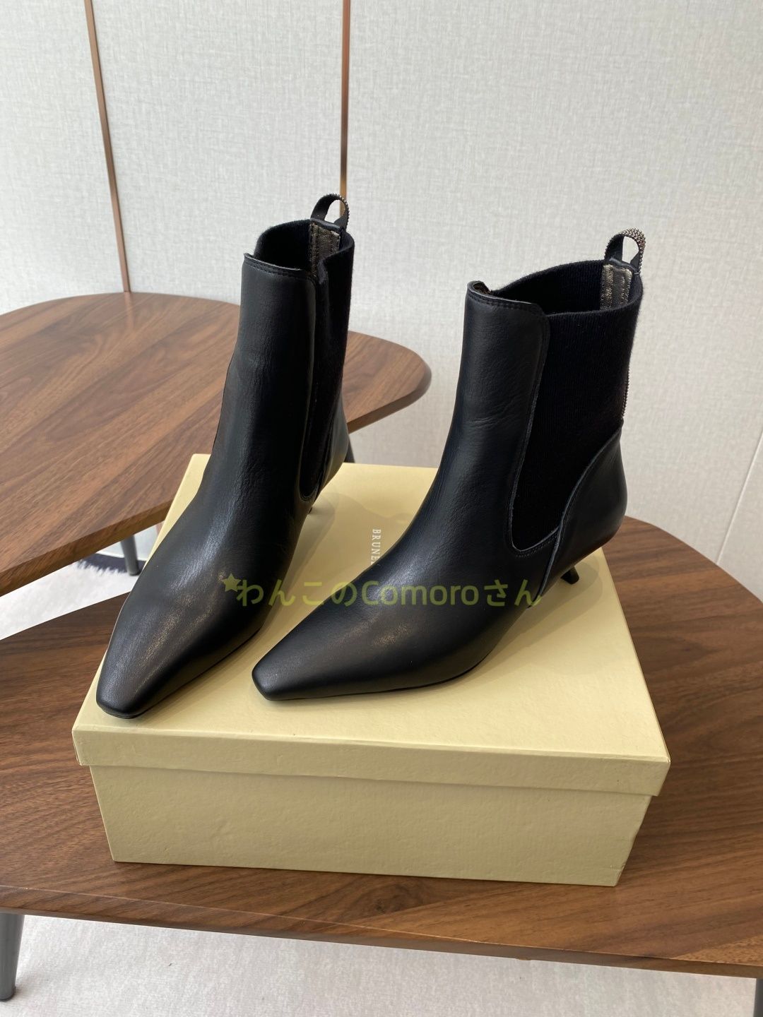  ブラック23.0 24.5 cm ブルネロクチネリ レディース ポインテッドトゥ ショートブーツ レザー スタイリッシュ 秋冬 サイドゴアブーツ ブーツ