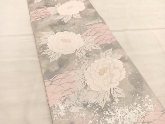 平和屋着物◎西陣 服部織物謹製 六通柄袋帯 牡丹 こはく錦 手工芸 金