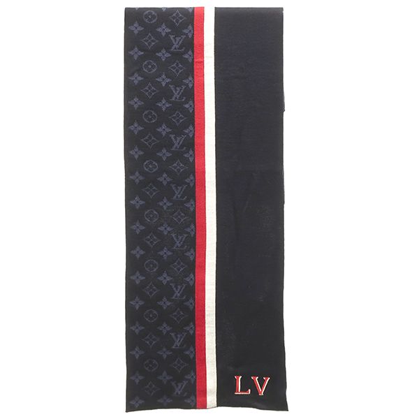 ルイヴィトン LOUIS VUITTON マフラー エシャルプ LV バーシティ ウール ネイビー S 紺 モノグラム  M77936 MY3272 【箱】【中古】