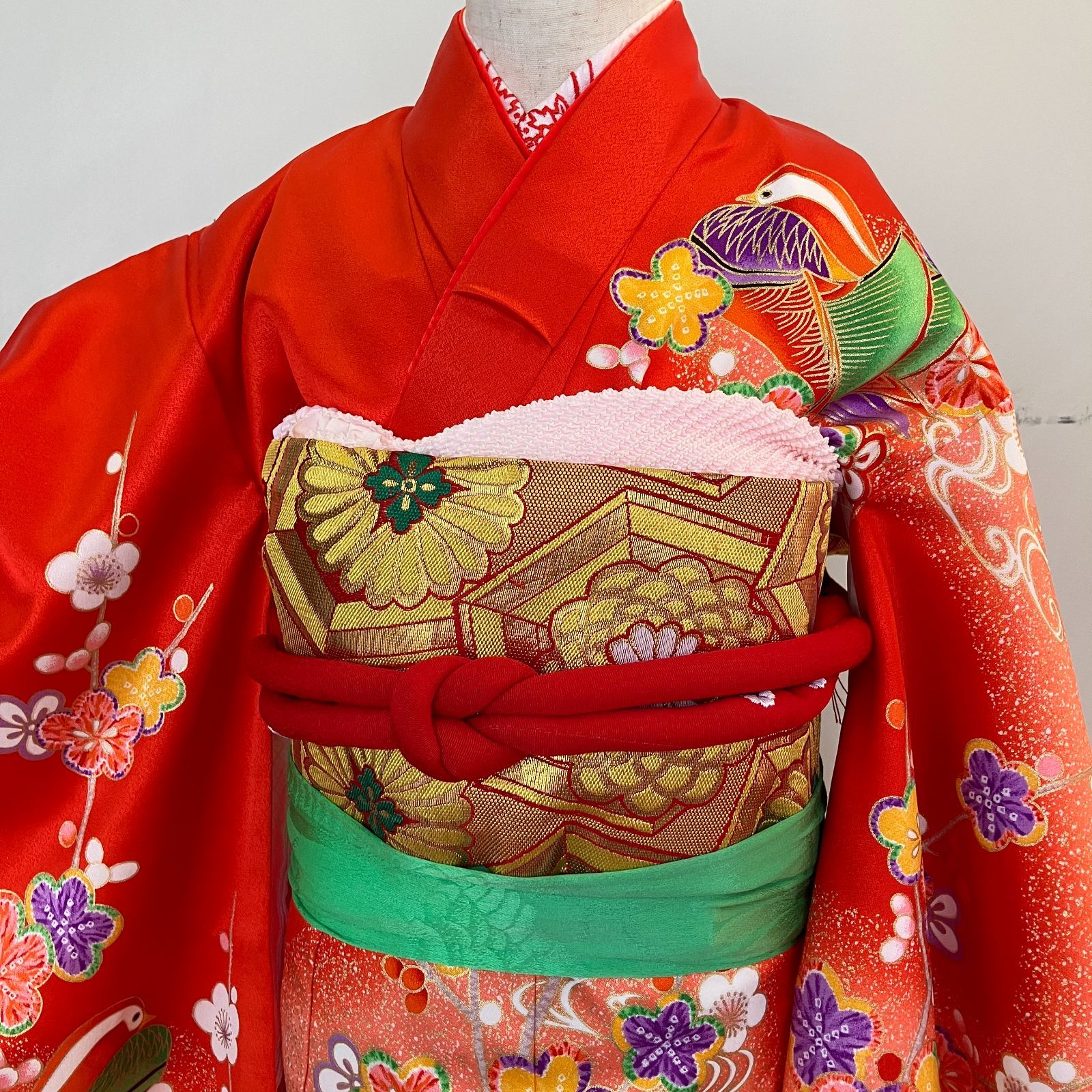 七五三 3歳女の子着物 赤色 金帯 長襦袢 帯セット 帯揚げ 帯締め