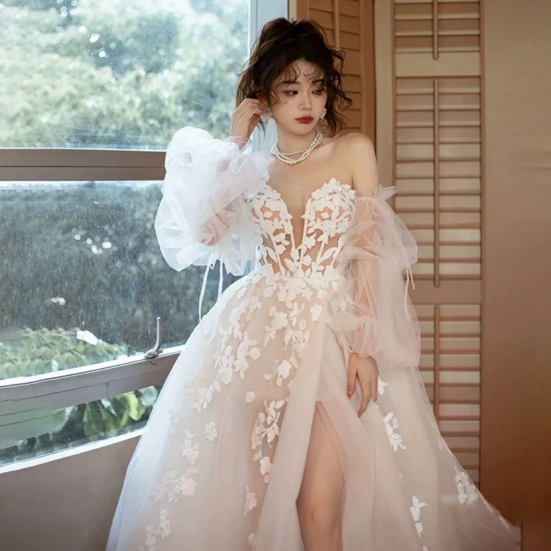 ウエディングドレス Aライン 前撮り 半袖 ドレス ピンク パフスリーブ