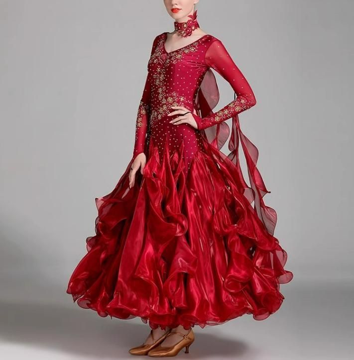 社交ダンスドレス モダンダンス 花刺繍 ワインレッド オーダーメイド