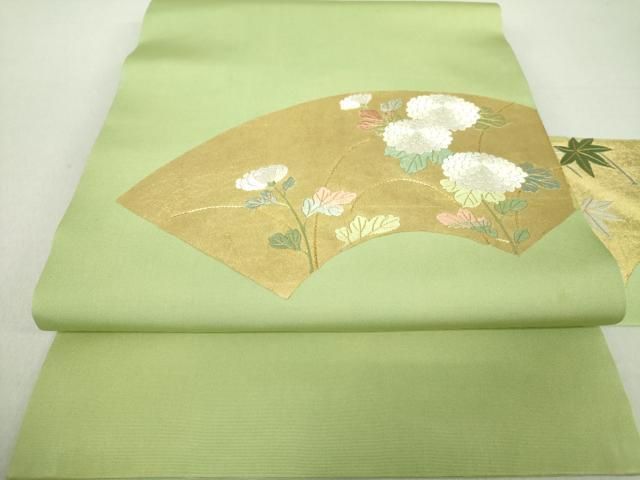 平和屋着物○塩瀬 九寸名古屋帯 駒刺繍 地紙花文 金彩 正絹 逸品
