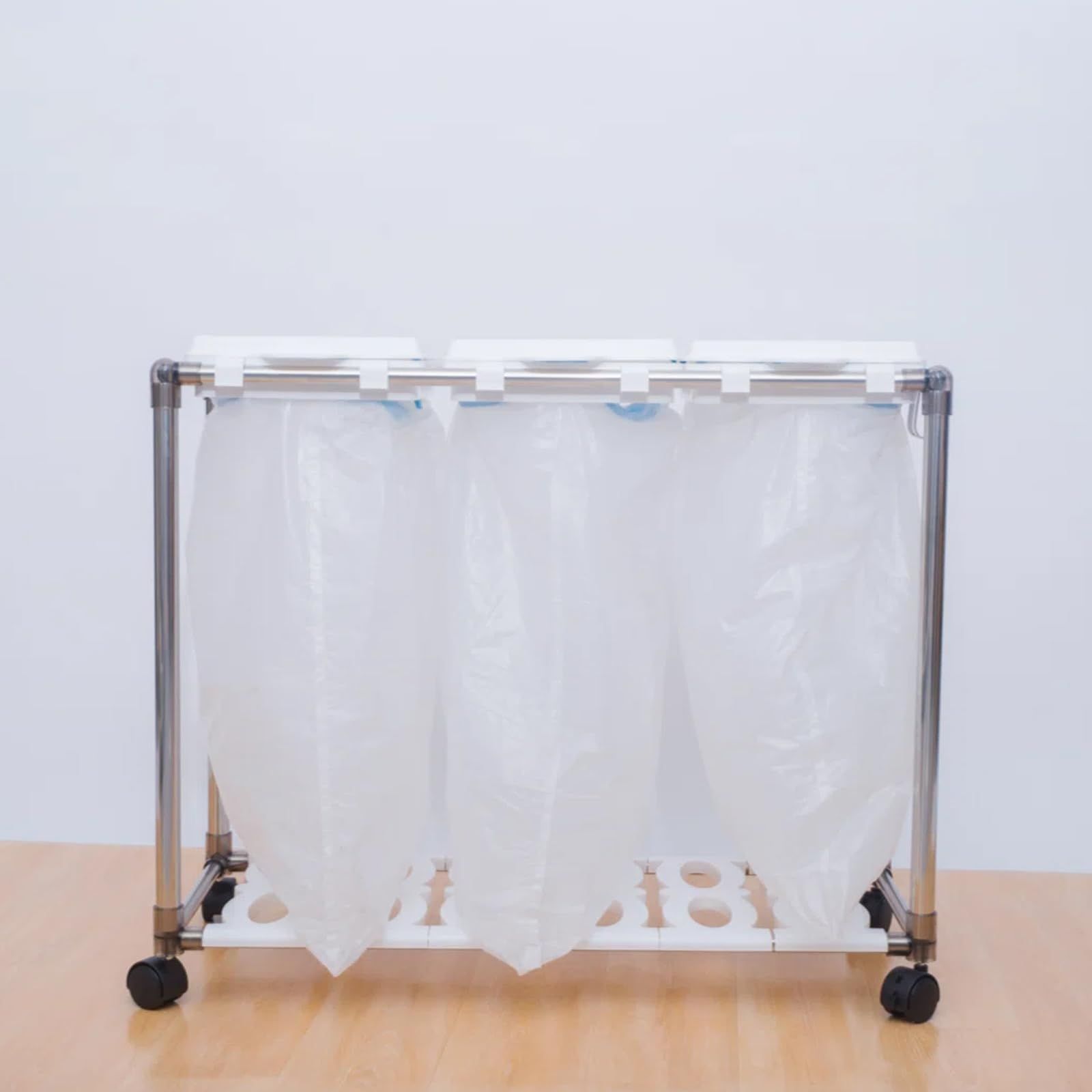 ホワイト ゴミ袋ホルダー（3分別×30Ｌ）ゴミ箱 ふた付き 分別 ゴミ箱 キャスター付き 90L大容量 分別ゴミ箱ゴミ袋 スタンドゴミ箱 きゴミ分別 ダストボックス 分別ゴミ袋 ステンレス製 縦開 