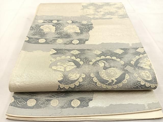 平和屋着物◎六通柄袋帯 横段更紗花鳥文 銀糸 正絹 逸品