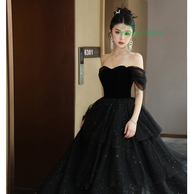 ドレス ブラック オフショルダー プリンセスドレス 結婚式 二次会 イブニングドレス ウエディングドレス 発表会 黒 ロングドレス ウェディングドレス zog3y435833