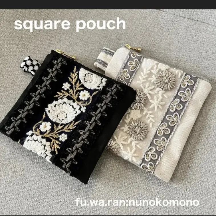 特価商品  帆布】インド刺繍リボンのマチ付きポーチ☆モノトーン - メルカリ 財布・ケース・小物入れ