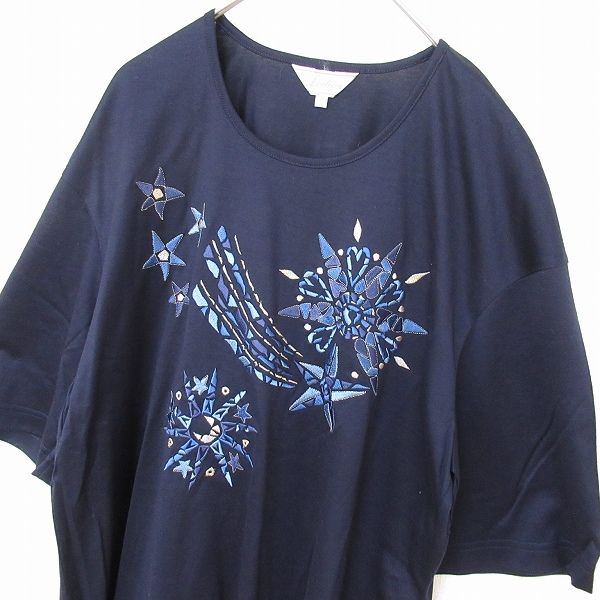 美品/レリアン Leilian カットソー 9号 M 相当 古着 青 ブルー レディース 春 夏 トップス 綿100 コットン 薄手 ブローチ vネック 半袖 Leilian #snc レリアン チュニック 9 紺 ドット 半袖 花モチーフ