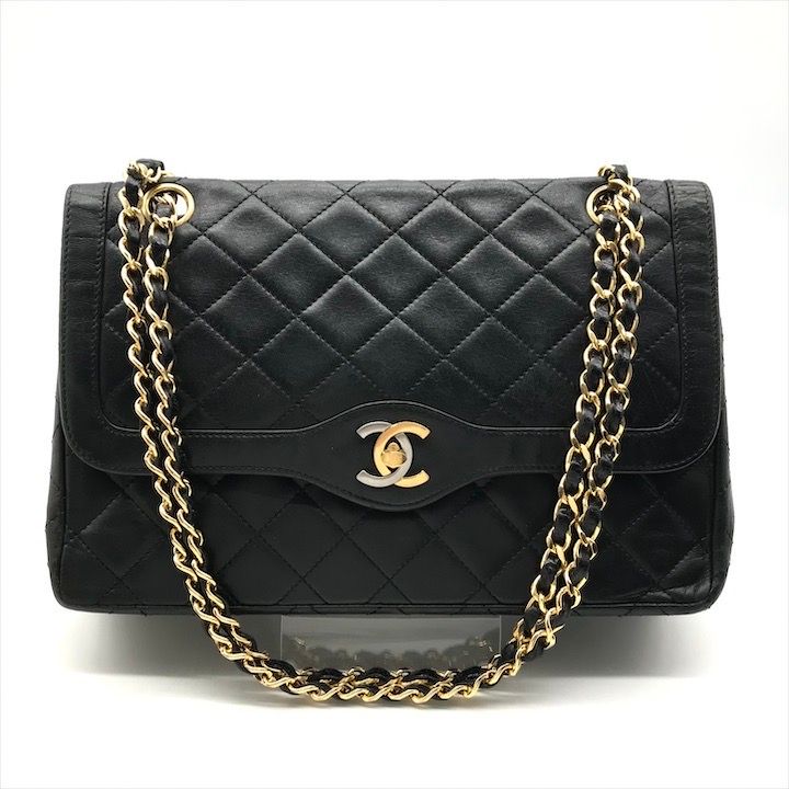 CHANEL シャネル ココマーク マトラッセ ラムスキン パリ ダブルフラップ ダブルチェーン ショルダー バッグ ブラック db21