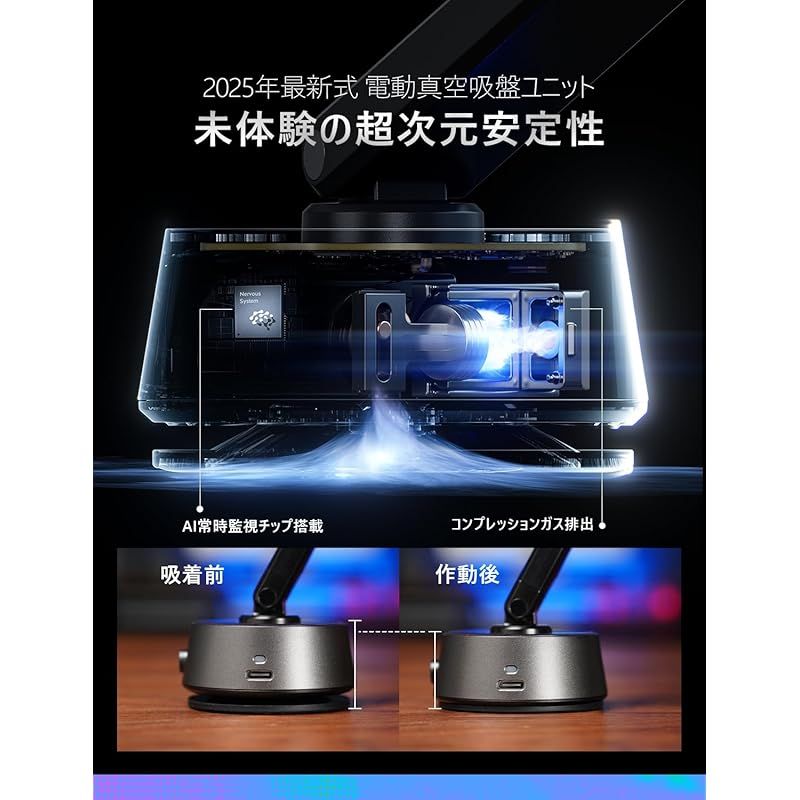 LISEN 2025 iPhone向け特別設計 電動真空吸盤 真空吸着式スマホホルダー 車 LISEN 車載スマホホルダー 吸盤 多角度自由調節 360°回転な台座 ダッシュボード用車載スマホホルダー 車すまほホルダー人気 iPhone 16 15 1 1