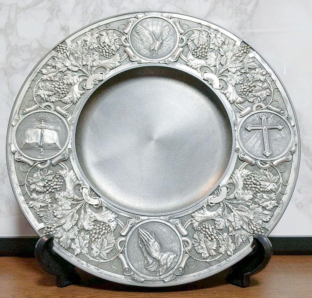 【低価HOT】PEWTER 飾り皿 十字 聖書 キリスト 錫製 細密彫刻　ピューター 錫製