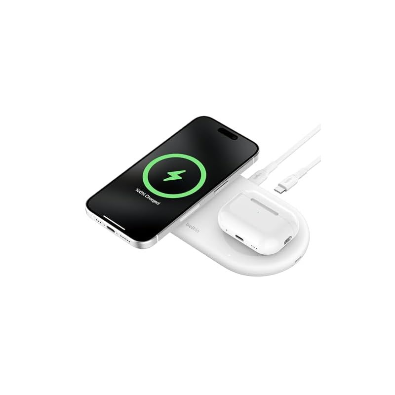 Belkin 2 in 1 Qi2ワイヤレス充電器 Qi2公式認証|MagSafe対応 iPhone 16|15|14|13|12|Qi2対応スマートフォン 最大15W高速充電 AirPods|ワイヤレス充電対応イヤホン 5W充電 USB-Cケーブル付 1