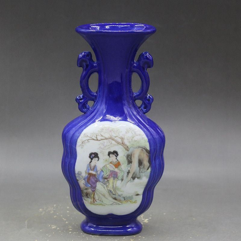 斉藍釉開窓西廂記両耳瓶  景徳鎮 陶磁器 装飾品 現代工芸品 美術品 置物 斉藍釉開窓西廂記両耳瓶 景徳鎮 陶磁器 装飾品 現代工芸品 美術