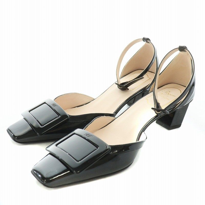 ロジェヴィヴィエ ROGER VIVIER パンプス アンクルストラップ パテントレザー エナメル 36.5 23.5cm 黒 ブラック |MW
