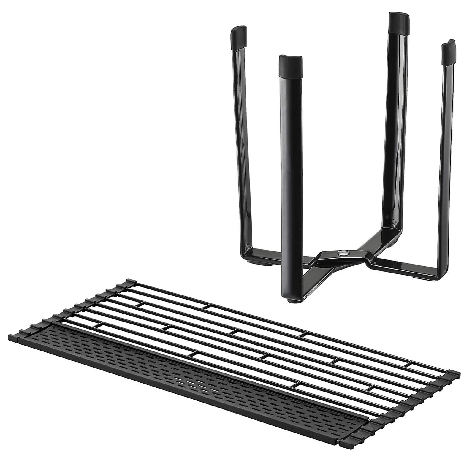 ポリ袋エコホルダー ブラック_ 折り畳み水切り 山崎実業 Yamazaki 折り畳み水切りシリコントレー付き L-ポリ袋エコホルダーセット 2点セット 水切りトレー ごみ箱 タワー ブラック 5055 6788