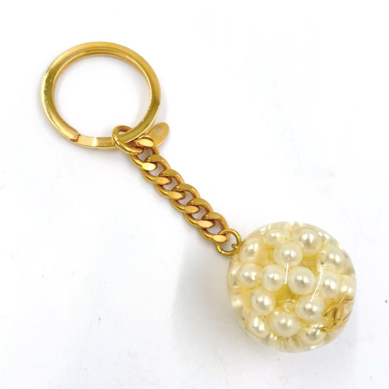 CHANEL パール ボール キーリング プラスチック×GP クリア×ゴールド×ホワイト チャーム ゴールド