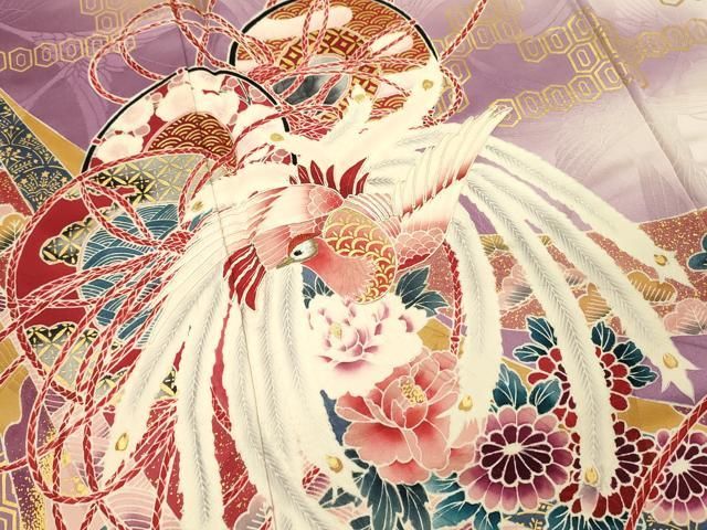 【箔柄】正絹　振袖　鳳凰に扇子花　アンティーク 振袖 花と鳳凰 - からん::アンティーク着物・リサイクル着物の