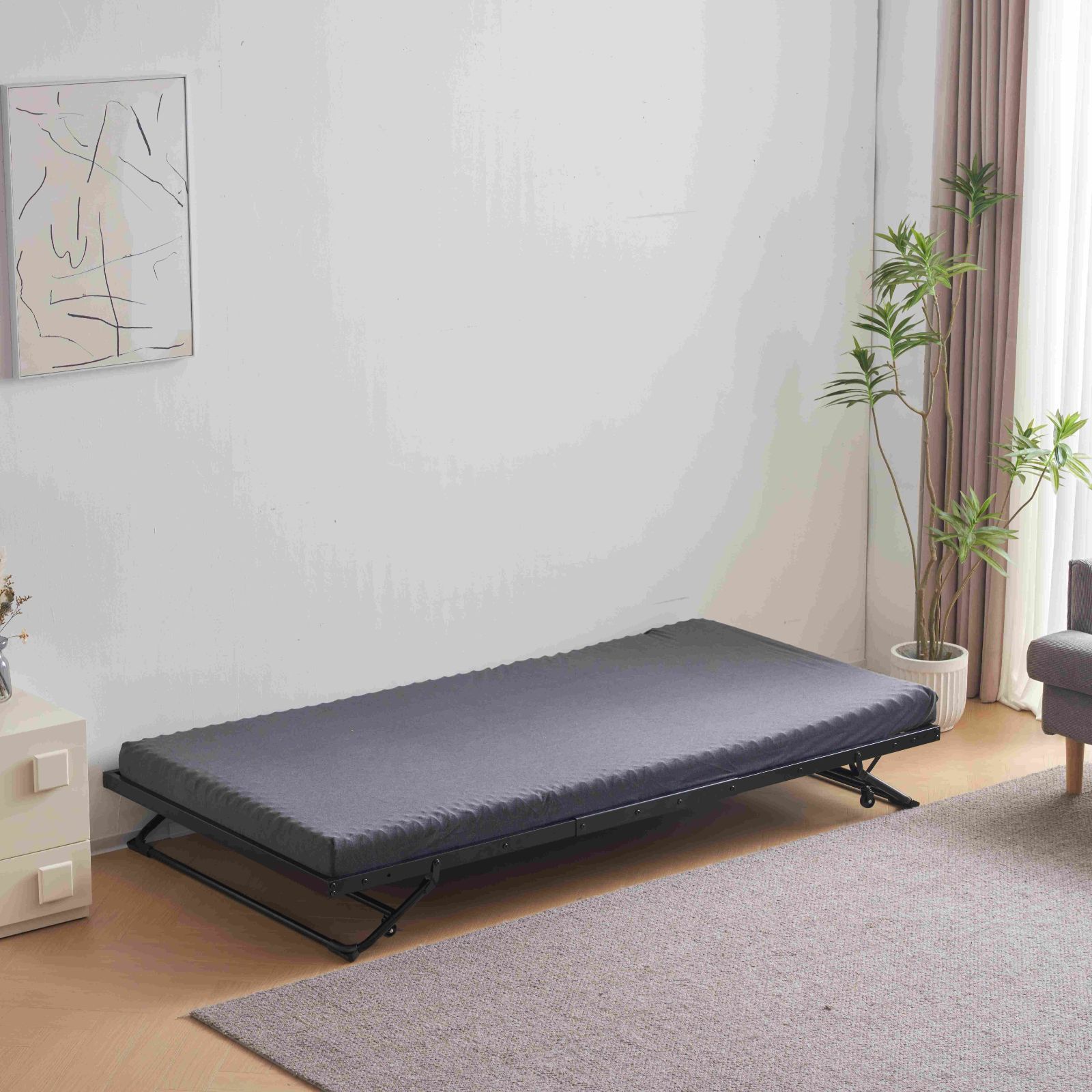 ブラック折りたたみ シングルパイプベッド｜組立簡単下収納｜120kg