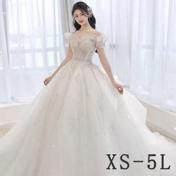 花嫁 ウェディングドレス オフショルダー プリンセスライン 白ドレス トレーンドレス ワンピース 結婚式 フォトウェディング 今季トレンド ZZ520