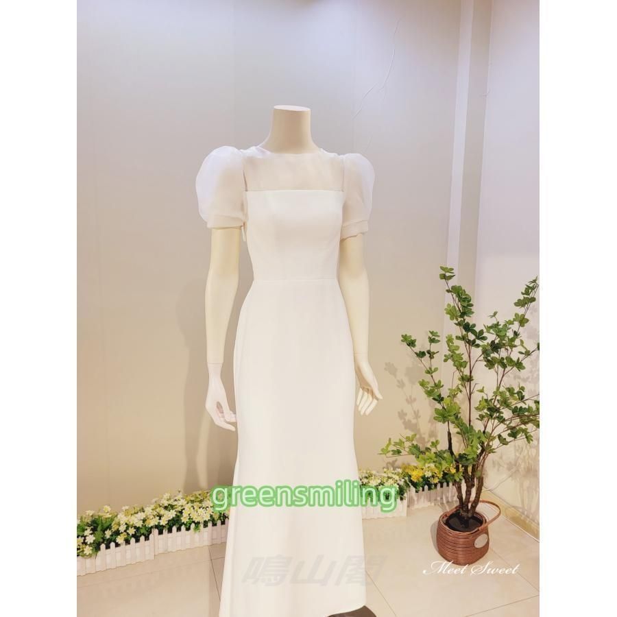 ウェディングドレス ロングドレス マキシドレス 半袖 サテン ワンピース 白 パフスリーブ 二次会 結婚式 前撮り ブライダル 花嫁 ウエディングドレス ウェディングドレス ロングドレス マキシドレス 半袖 サテン