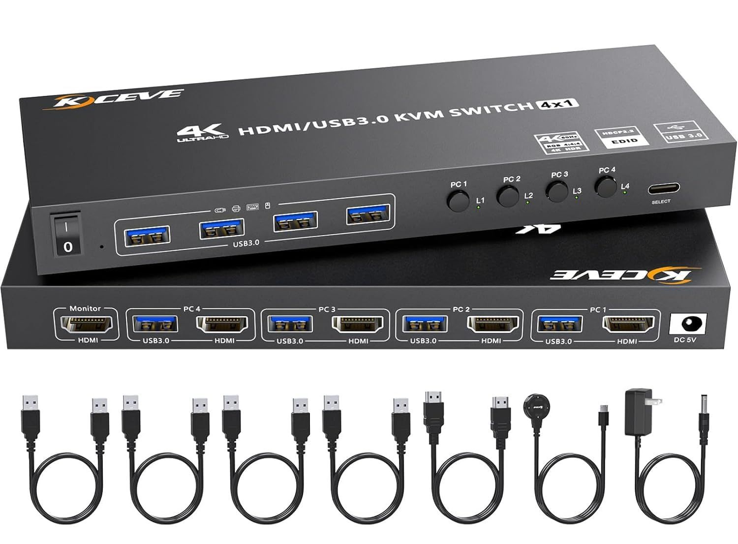 USB切替器 4つUSB3.0ハブ備えた EDID機能 4K 60Hz 4入力1出力 ワイヤレスキーボード マウスをサポート PC切替器 KVM切替器 HDMI KCEVE