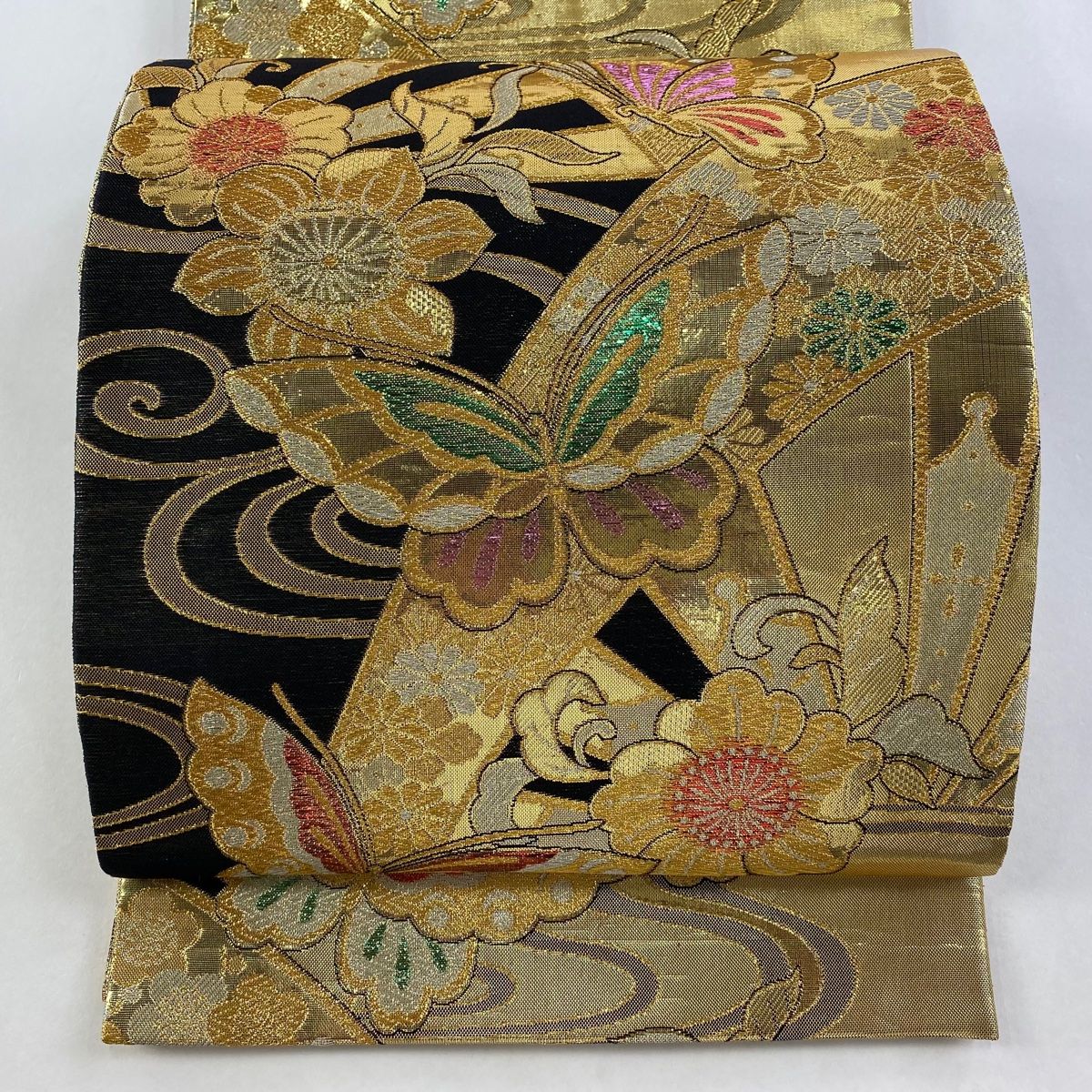 袋帯 秀品 振袖向き 蝶 桜 金糸 箔 金色 六通 正絹