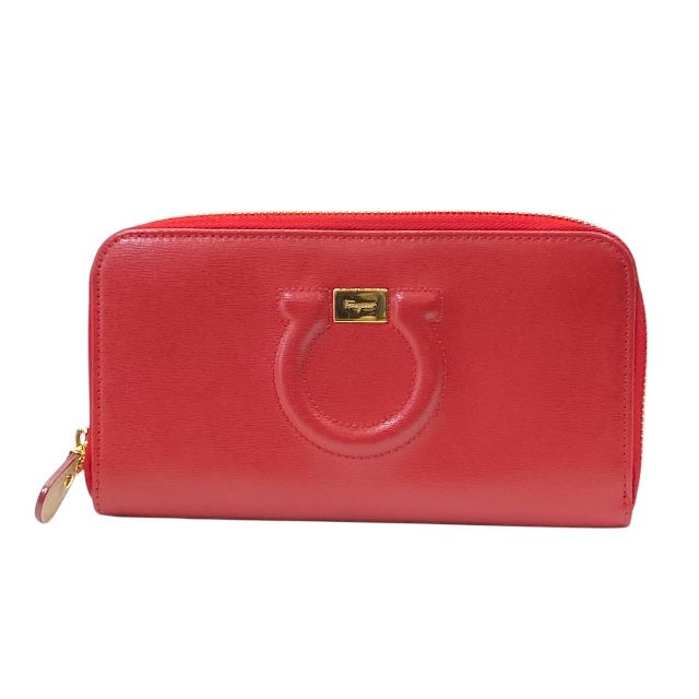 フェラガモ 22C843 ガンチーニ ウォレット ラウンドファスナー 長財布 ロゴ レザー レッド FERRAGAMO レディース 女性 メンズ 男性 ユニセックス ギフト プレゼント バッグ カバン 財布 小物 ジュエリー アクセサリー