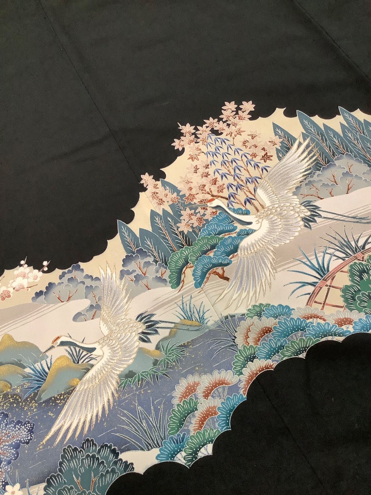正絹 黒留袖 リメイク用 着物 金駒 刺繍 扇 鶴 梅 3枚セット