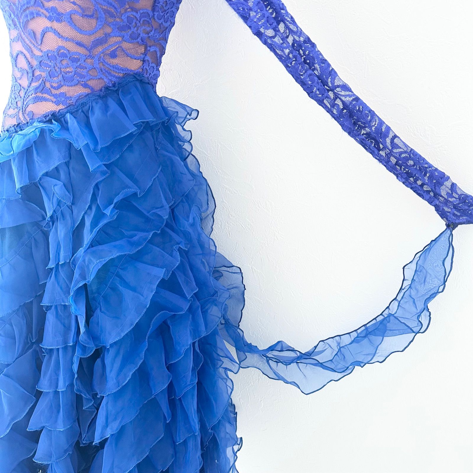 【美品 社交ダンス衣装】鮮やかブルー×フリル プリマブティック ドレス 美品 社交ダンス衣装】鮮やかブルー×フリル プリマブティック