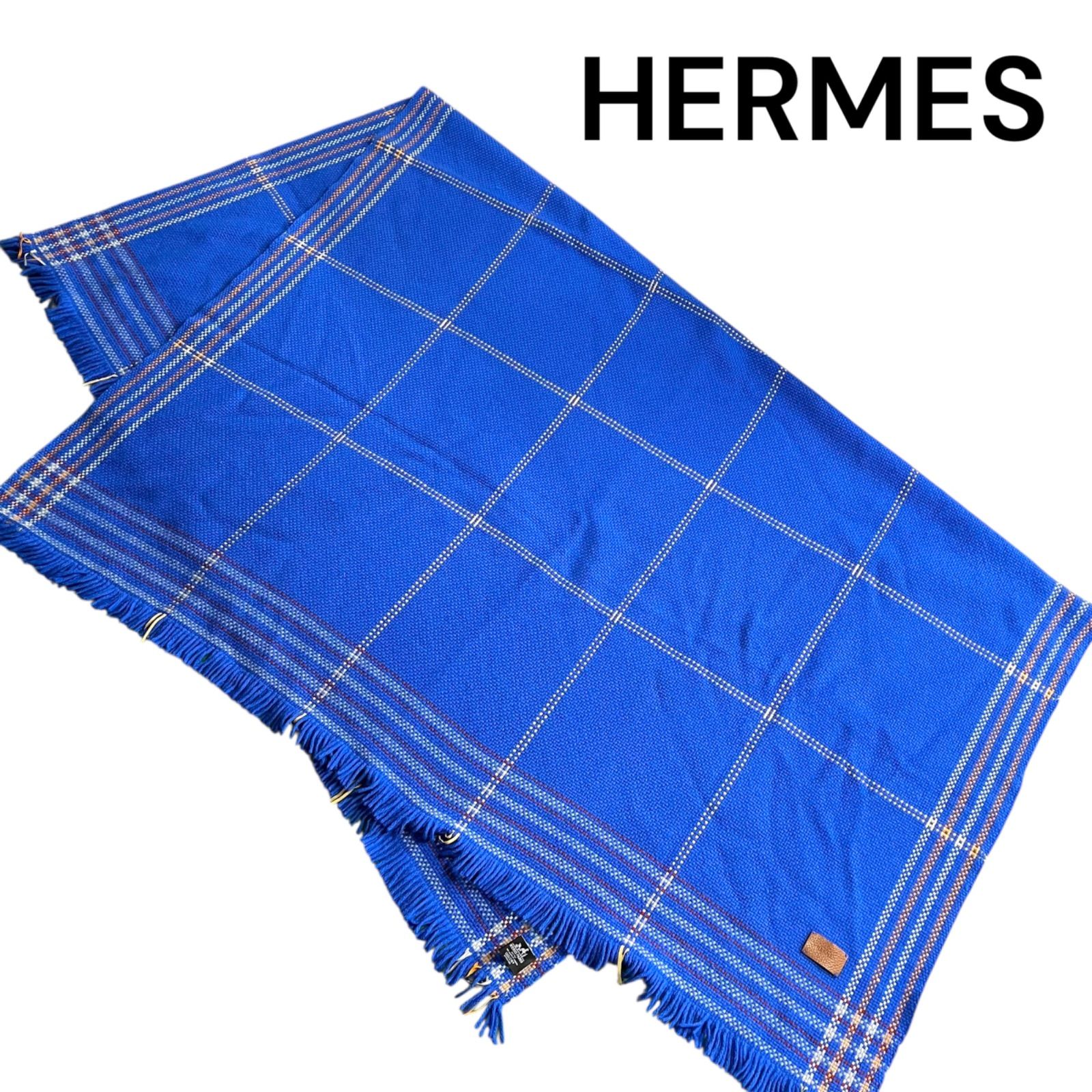 ●エルメス HERMES チェック柄 手織りカシミヤ ブランケット 膝掛け ミニ毛布 S5Q793