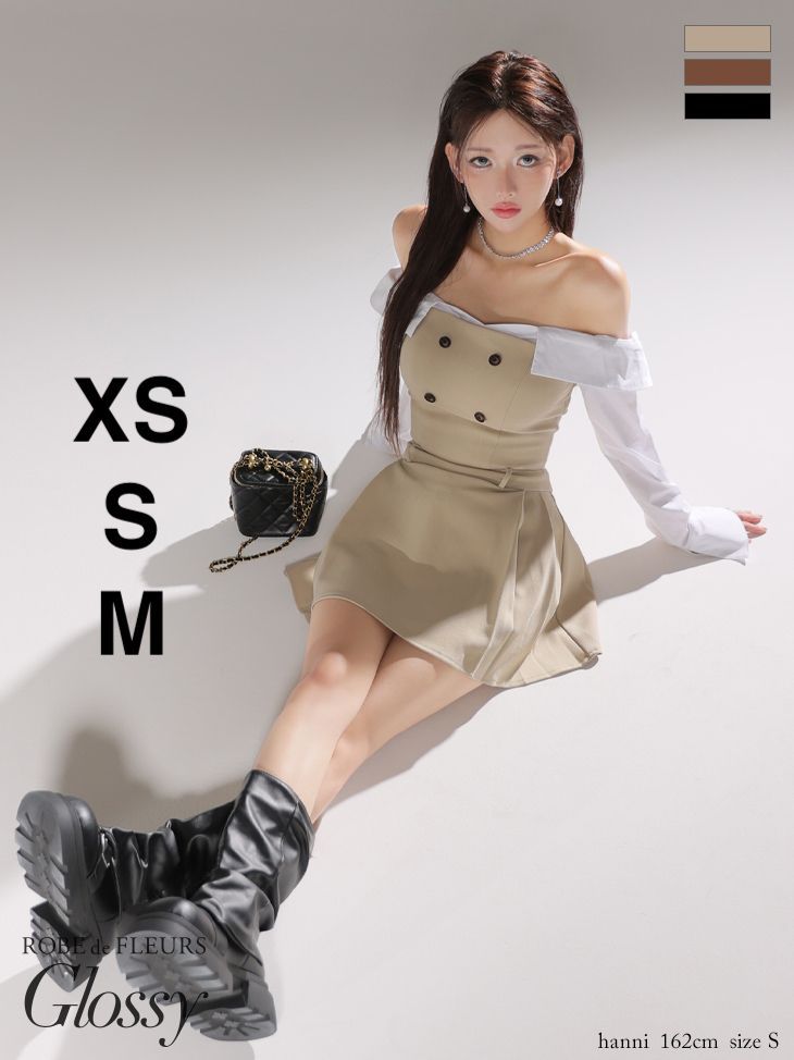 ベージュ GL4324-BE-2508 XSサイズあり Glossy|グロッシー シャツオフショルデザイン| フロントボタン| フ | セットアップ| ミニドレス| キャバドレス