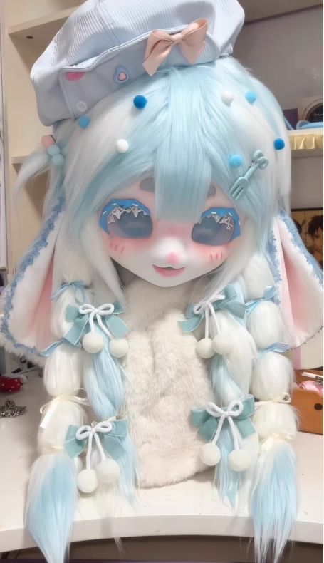 着ぐるみヘッド kigurumi NO.54 水色 青 うさぎ 垂れ耳 ファースーツ 全頭ヘッド ケモノ マスク ぬいぐるみ コスプレ コスチューム