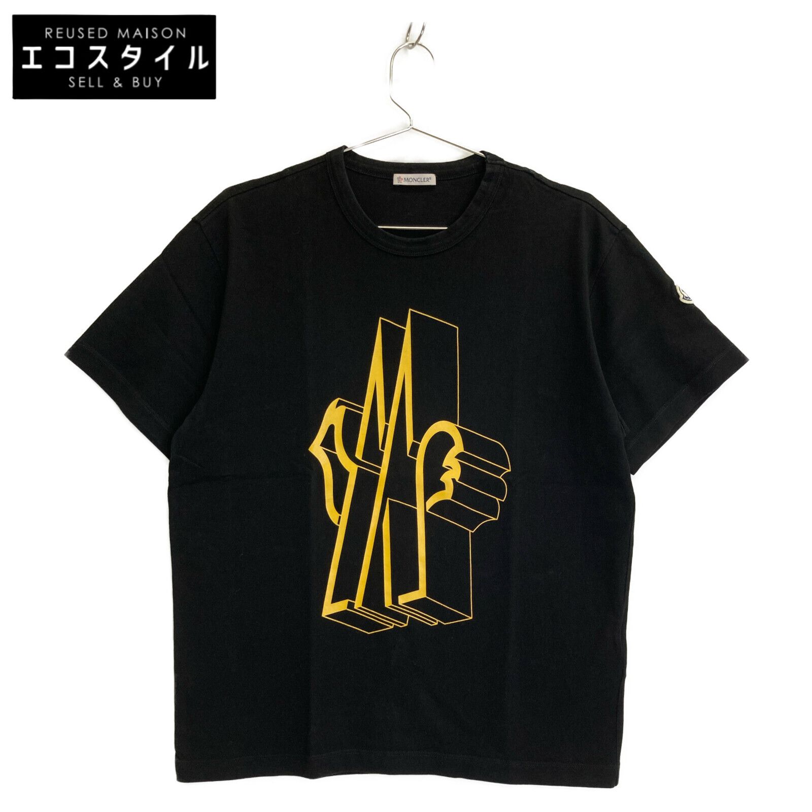 MONCLER モンクレール ﾌﾞﾗｯｸ 19年製 ｺｯﾄﾝ ﾌﾛﾝﾄﾛｺﾞﾌﾟﾘﾝﾄ Tｼｬﾂ S