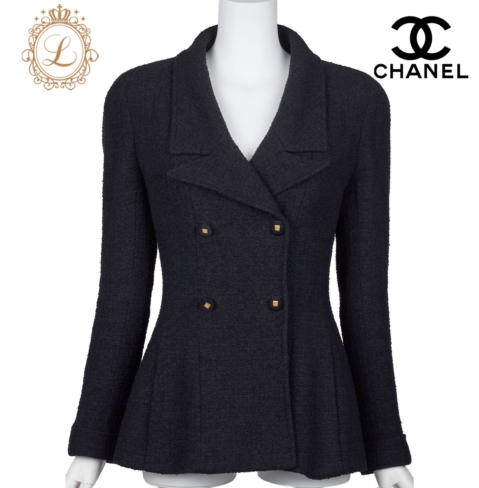 CHANEL リボン付きブラック長袖トップス 38 返品可】CHANEL シャネル ココボタン ジャケット 38 ネイビー
