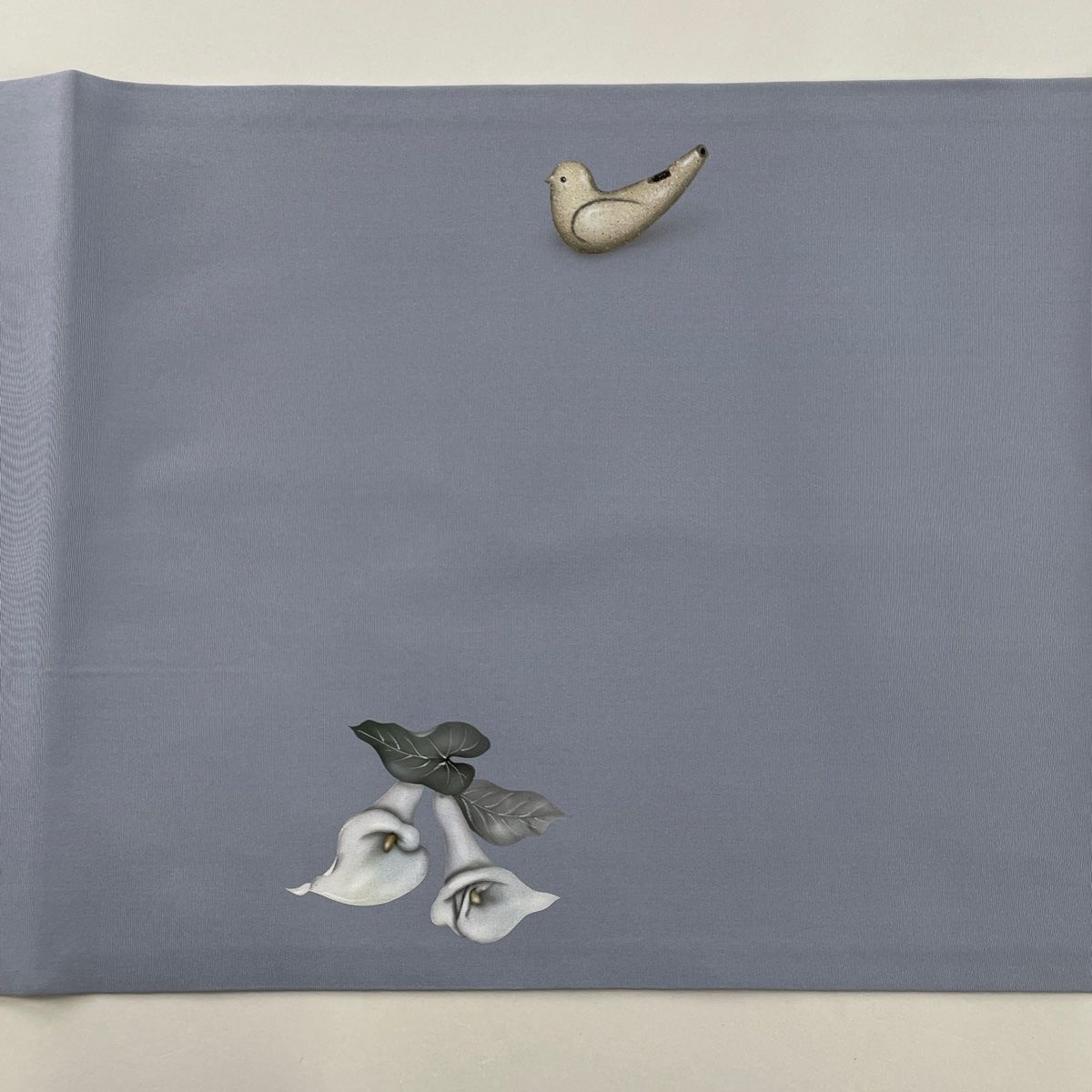 開き名古屋帯 名品 落款 塩瀬 ふくろう オカリナ 青灰色 正絹