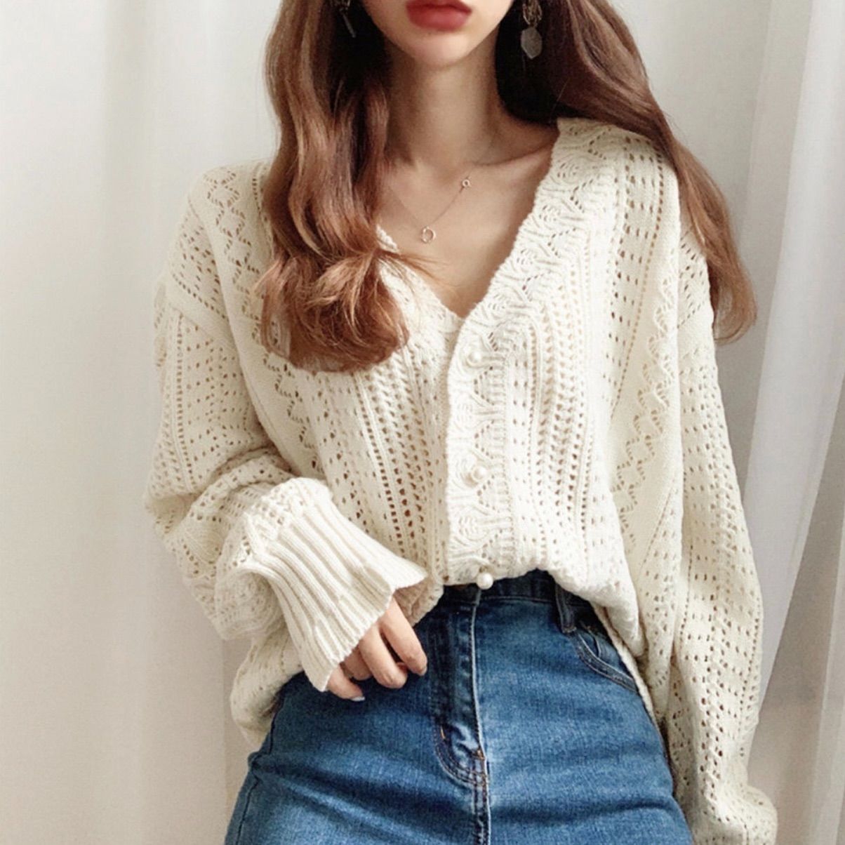 レース編み カーディガン ニット vネック 春服 レトロ おしゃれ レース編み カーディガン ニット vネック 春服 レトロ おしゃれ